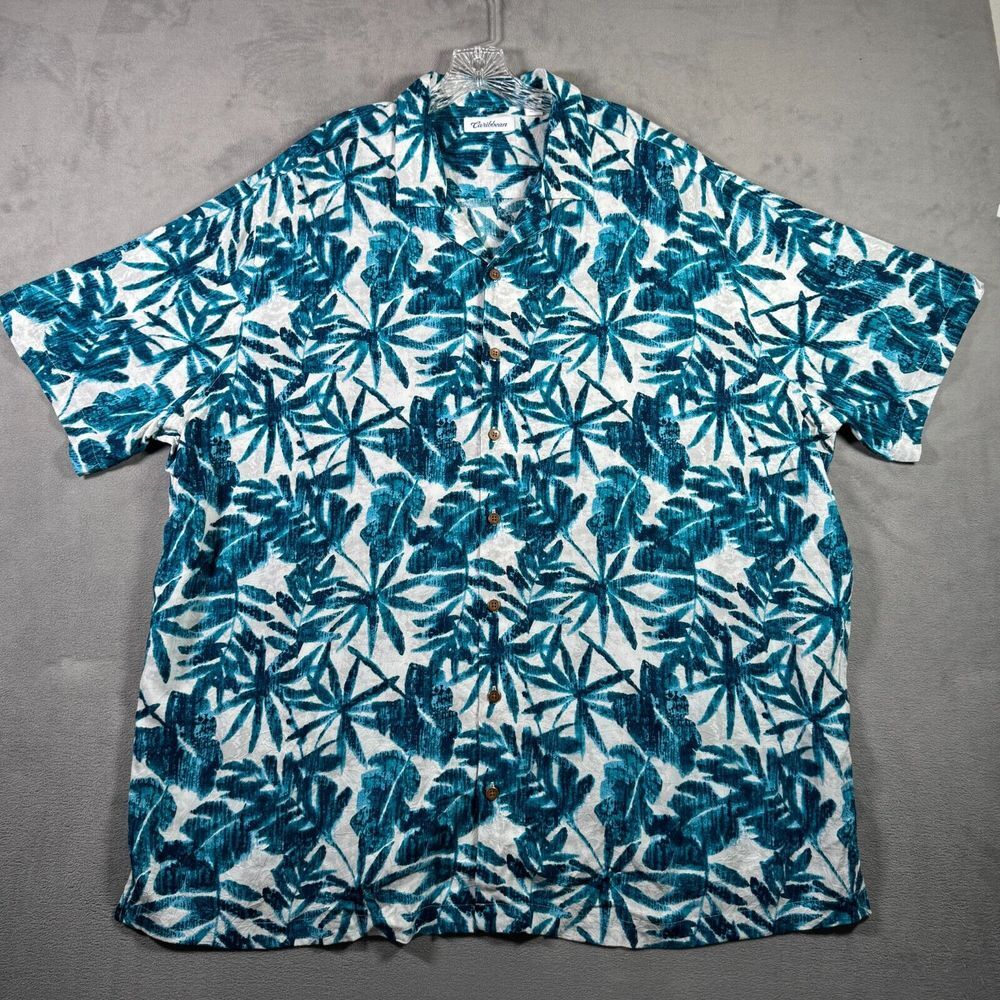 Caribbean Camp Shirt Mens 3XB Blue White Tropical Palm Short Sleeve Button NWOT - Picture 2 of 9